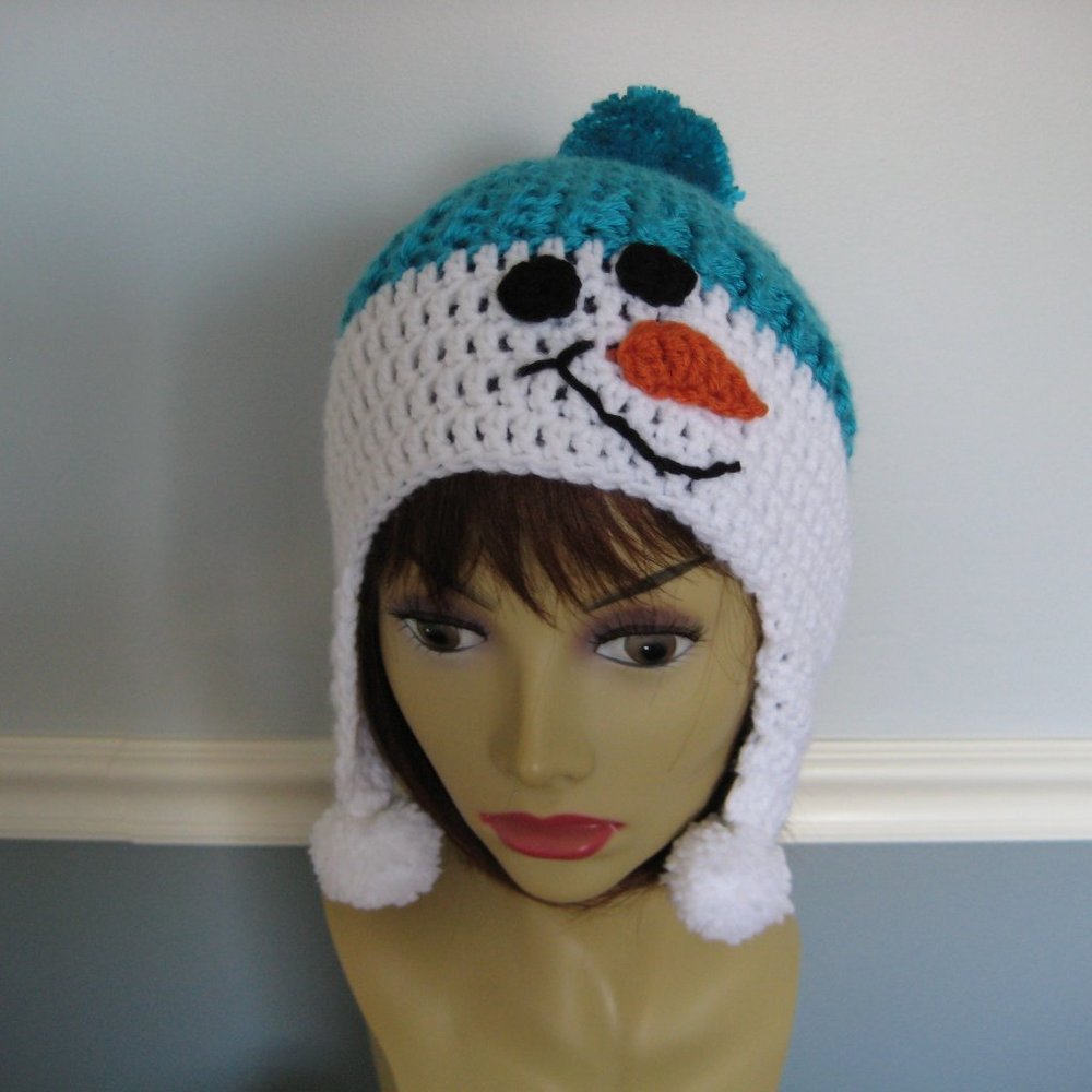 Teal Snowman Hat for Teens or Adults/Unisex Hand Knit Beanie w/ Pom Pom's - SALE